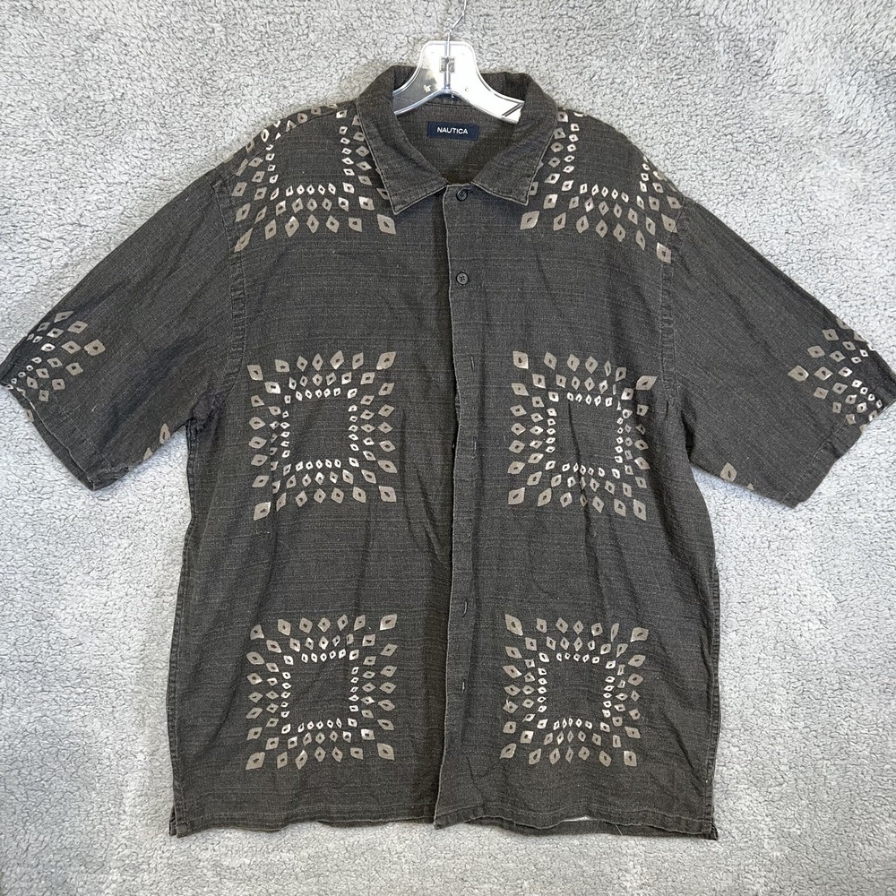 VTG Nautica Shirt Men's Sz L Brown Graphic Tribal Button Up Short Sleeve 90s